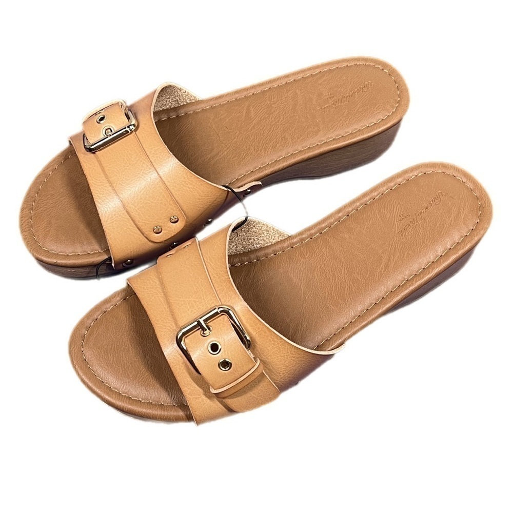 Universal Threads | Tan Vegan Leather Buckle Detail Sandals Slide - Picture 3 of 12